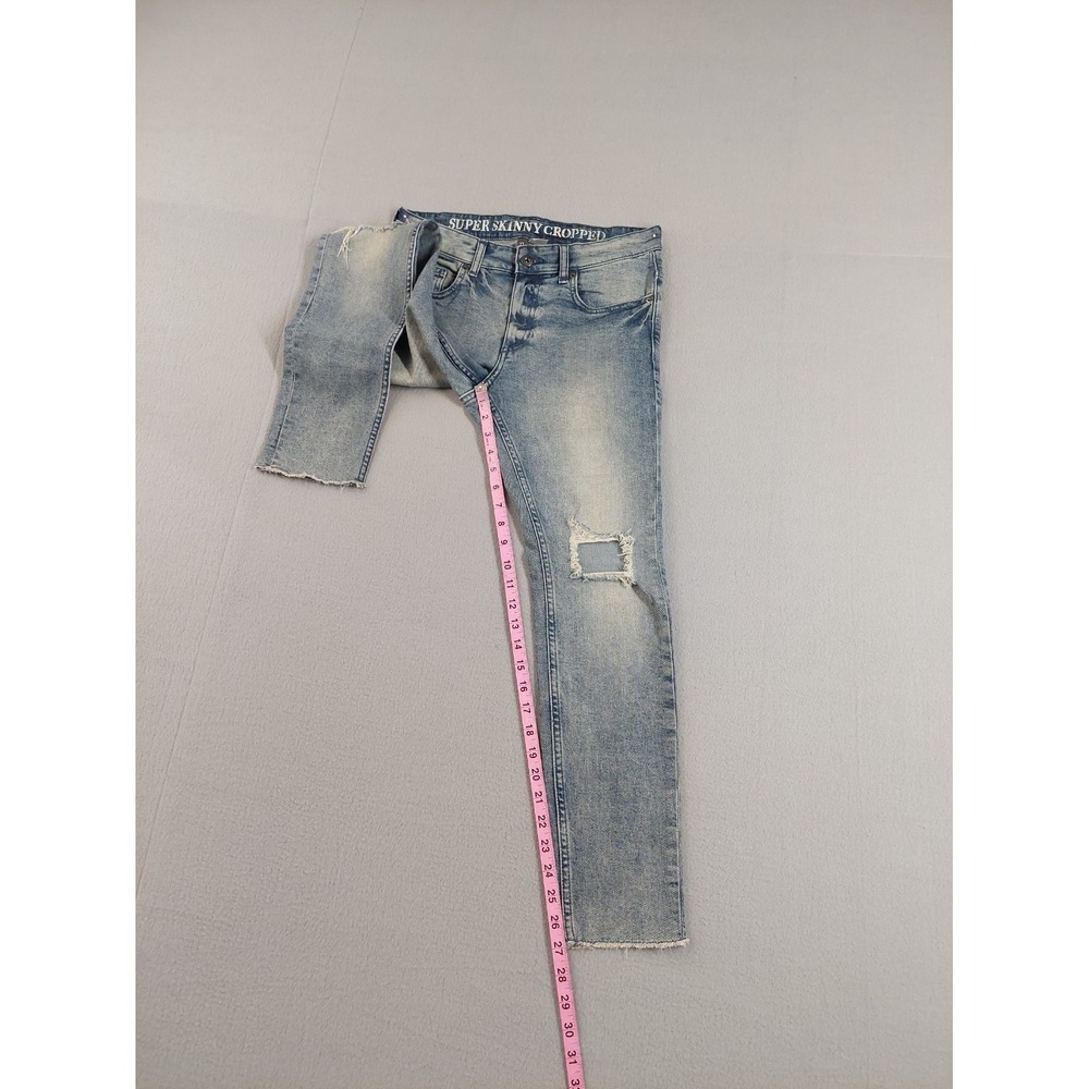 H&M Men Jean 32 Light Wash Denim‎ Skinny Cropped Low Rise Distressed Ripped Wear - Picture 13 of 16